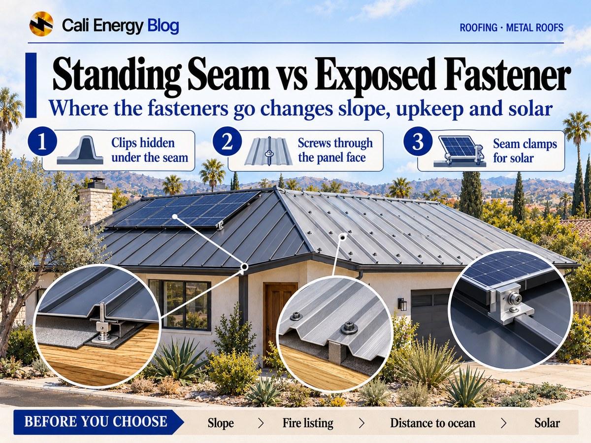 Illustration of a Southern California stucco house whose roof is half standing-seam metal with solar panels clamped to the seams and half ribbed metal with rows of exposed screws, with close-ups of a clip hidden under a seam, screws through the panel face and a solar clamp on a seam