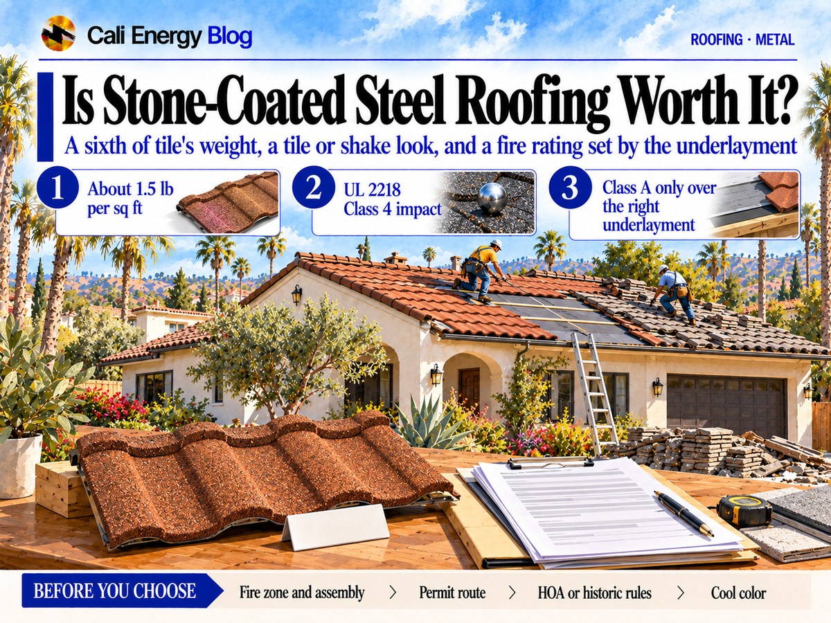 Watercolor-style illustration of roofers replacing old concrete tile with terracotta-colored stone-coated steel panels on a Southern California house, with a sample panel and a clipboard on a table in the foreground