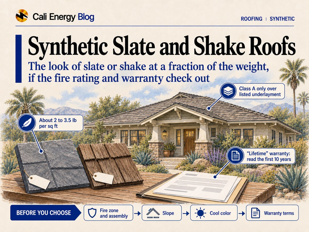 Watercolor-style illustration of a Craftsman-style Southern California house with a new composite shake roof, with a gray synthetic slate sample, a brown synthetic shake sample and a folder of papers on a table in the foreground