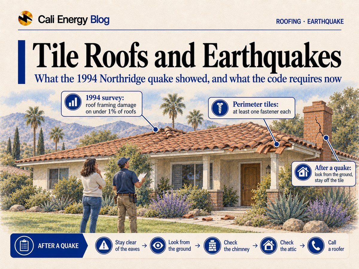 Watercolor-style illustration of a one-story ranch house with a terracotta tile roof in the San Fernando Valley the morning after an earthquake, with a few tiles slipped at the eaves and ridge, broken tile pieces on the walkway and a cracked brick chimney, as the homeowner and a roofer with a clipboard look up from the lawn
