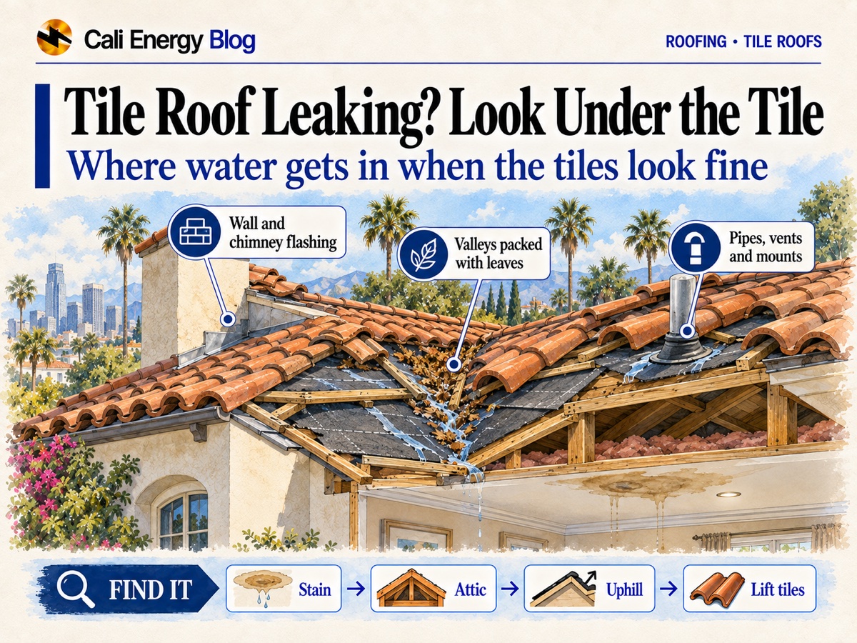 Illustration of a cutaway Southern California clay tile roof where water runs under intact tile from a chimney wall, a leaf-filled valley and a vent pipe, down to a ceiling stain lower on the slope