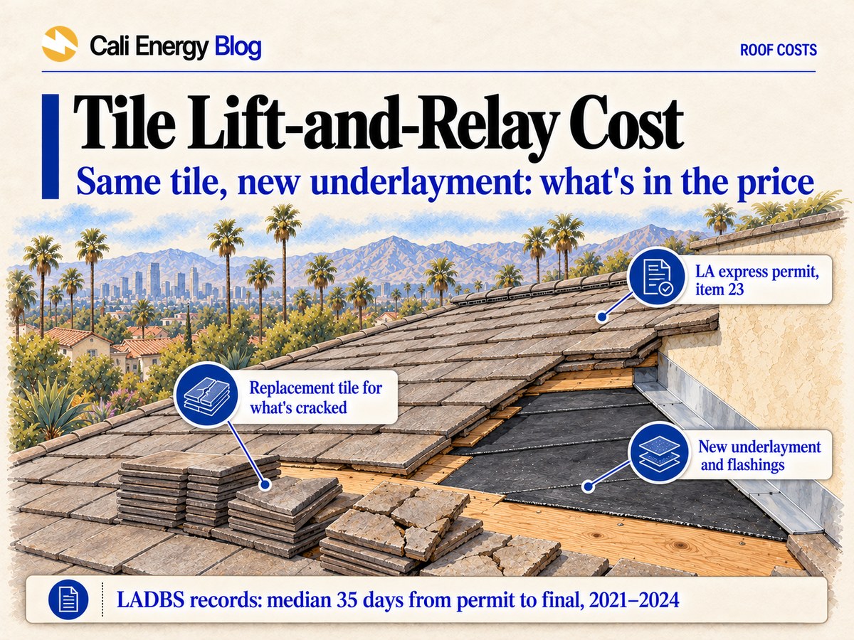 Watercolor-style illustration of a Los Angeles roof of flat concrete tile partly lifted, the tiles stacked on the roof beside new dark underlayment on the deck and new metal flashing at a wall, a few cracked tiles set aside and replacement tiles ready, with palms, mountains and the downtown skyline behind