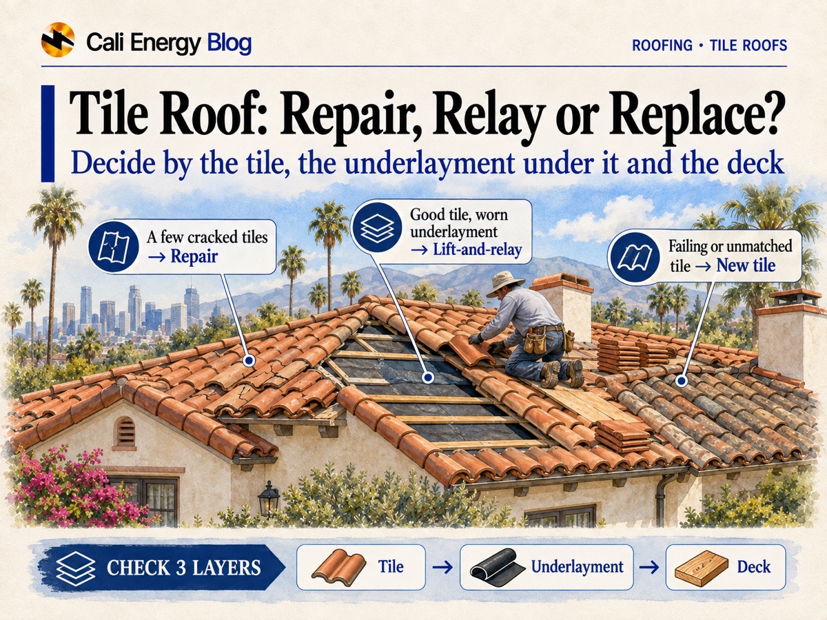 Illustration of a Los Angeles clay tile roof with cracked tiles on one side, a section lifted to show new underlayment and battens where a roofer resets the tile, and worn tiles on the other side