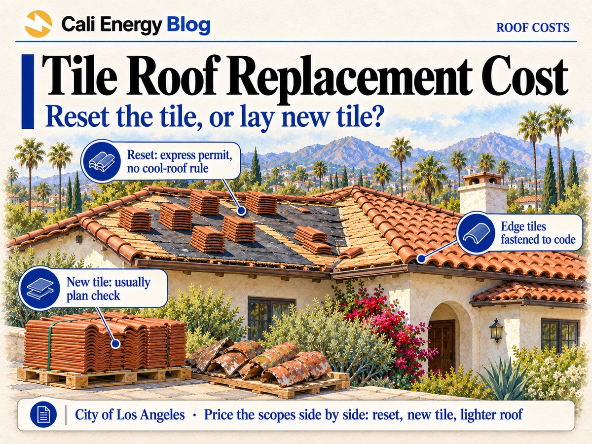 Watercolor-style illustration of a Spanish-style Los Angeles house with a terracotta tile roof, part of it lifted with the tiles stacked on the roof over new dark underlayment and the rest laid back, a pallet of new tile and a few cracked old tiles below, with palms and mountains behind