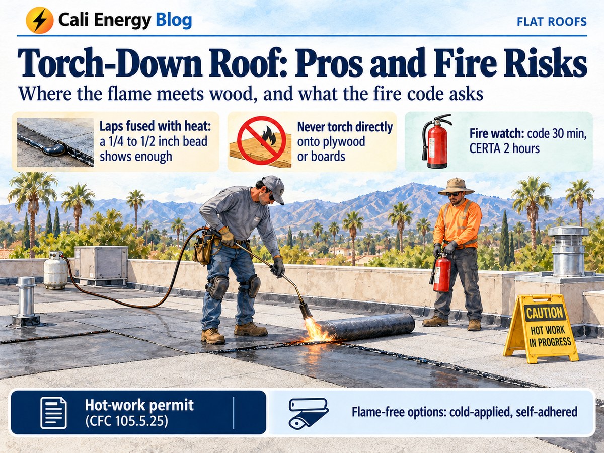 Watercolor-style illustration of a flat roof in Los Angeles where a roofer heats a roll of modified bitumen with a long propane torch, the tank set back by the parapet, while a second worker stands by with a fire extinguisher next to a hot-work caution sign, with palms and mountains behind