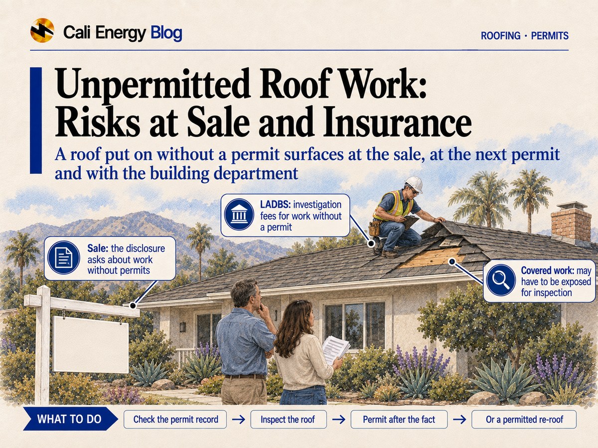 Watercolor-style illustration of a one-story Southern California house with a blank for-sale sign on the lawn, an inspector on the roof examining a spot where shingles are lifted to show the underlayment and plywood deck, and a couple below holding papers