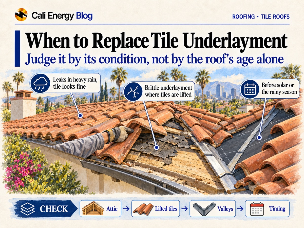Illustration of a Los Angeles clay tile roof with a gloved hand lifting a tile to show brittle, crumbling underlayment, next to a metal valley and a section of new underlayment