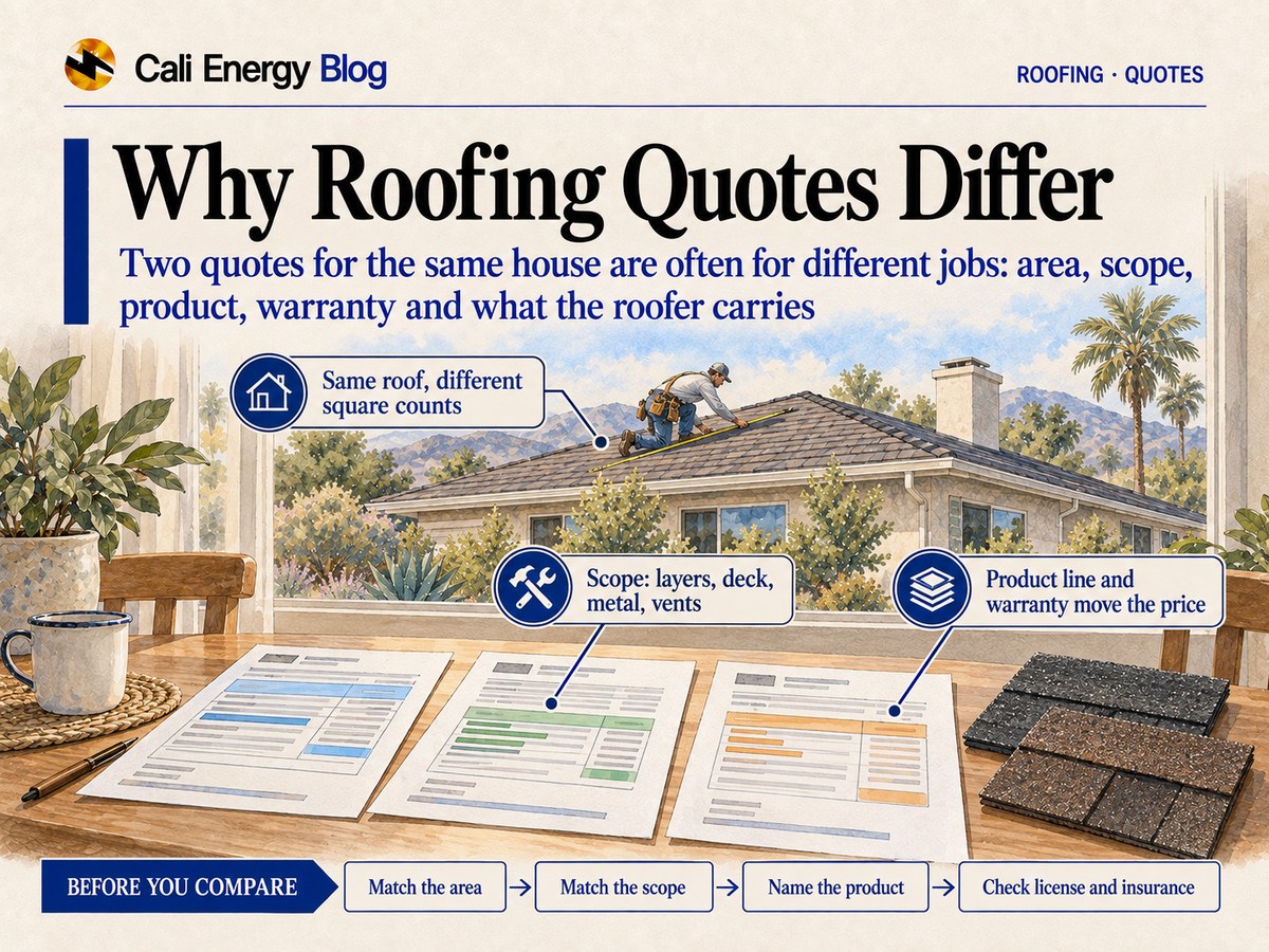 Watercolor illustration of three roofing quotes side by side on a kitchen table with different lines highlighted, two shingle samples, and a roofer measuring a roof slope outside the window