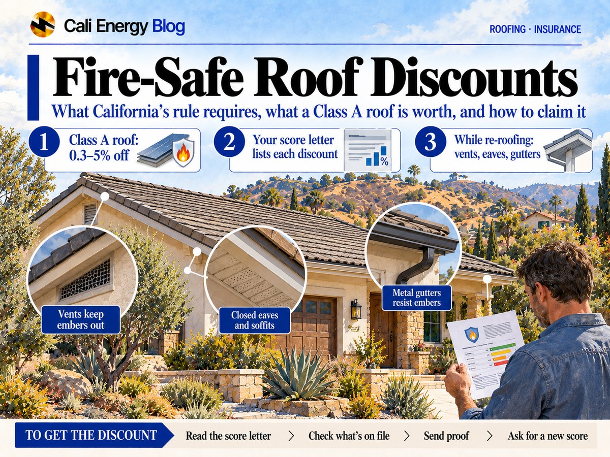 Watercolor illustration of a Southern California tile-roof house below dry hills, with close-ups of a meshed vent, an enclosed eave and a metal gutter, and a homeowner reading a letter from his insurer