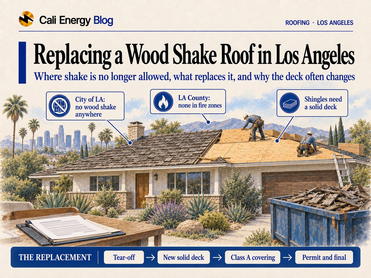 Watercolor-style illustration of a one-story Southern California house half covered in weathered wood shake and half re-decked with new plywood, roofers laying sheets, a dumpster of torn-off shakes beside the house