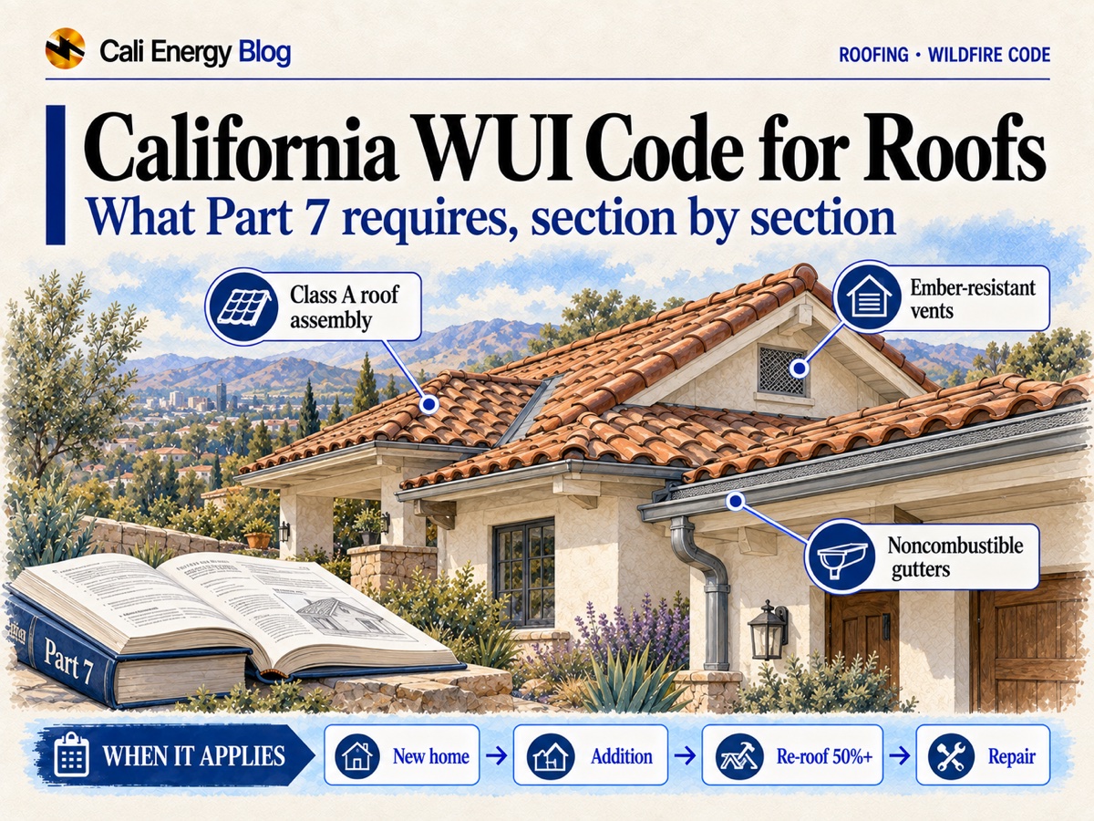 Illustration of a Southern California hillside house with a clay tile roof, a screened gable vent and metal gutters, next to an open code book labeled Part 7