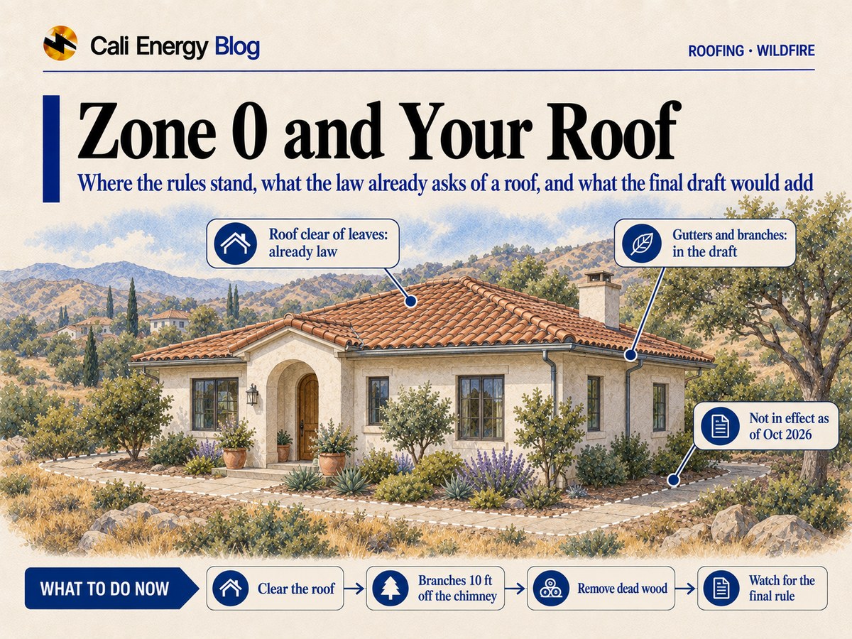 Watercolor illustration of a stucco house with a red clay tile roof in dry hills, a dashed line marking the first 5 feet around it, rain gutters along the eaves, a chimney and an oak beside the roof